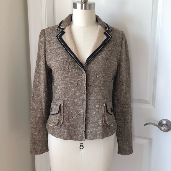 PRADA Silk Tweed Black Trim Beige Blazer 03-5245-8581 - Picture 1 of 14